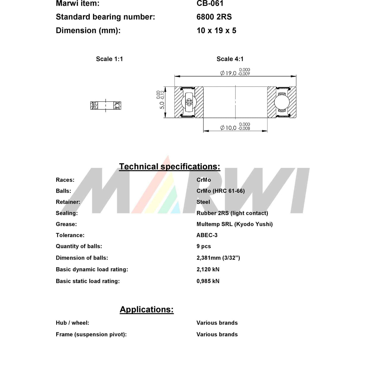 Marwi Union Kogellager CB-061 6800 2RS 10X19X5