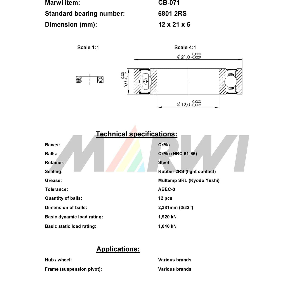 Marwi Union Kogelllager CB-071 6801 2RS 12x21x5