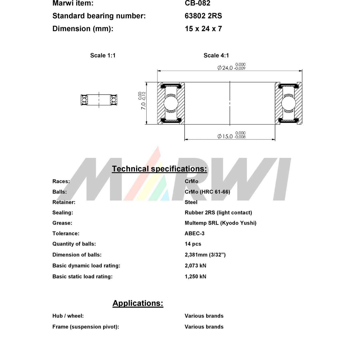 Marwi Union Kogellager CB-082 63802 2RS 15x24x7