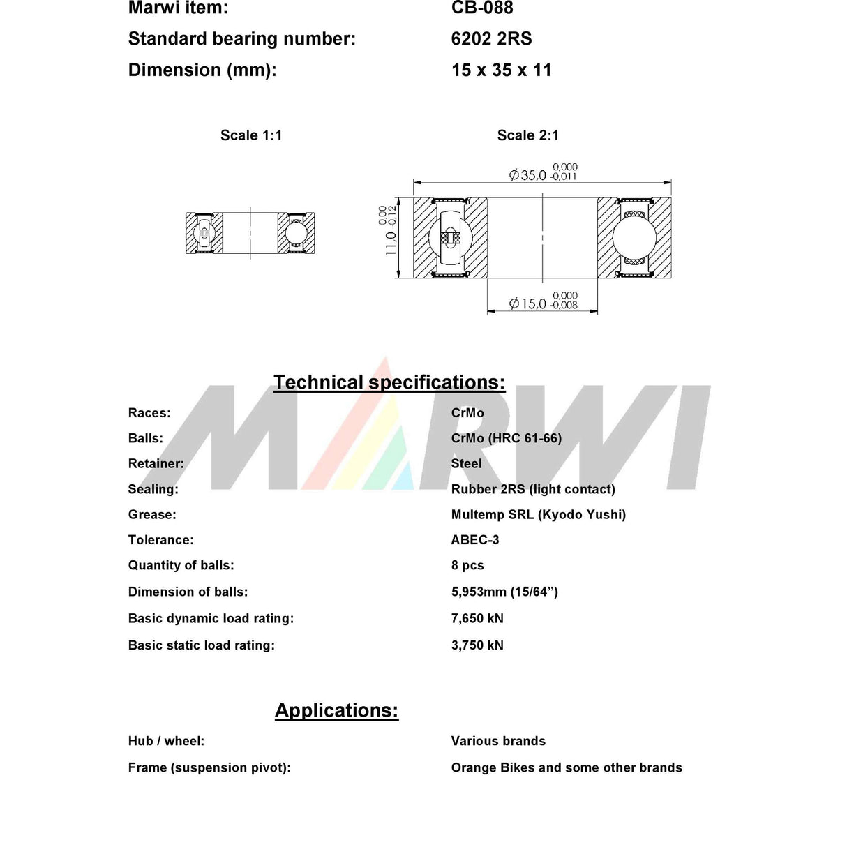 Marwi Union Kogellager CB-088 6202 2RS 15x35x11