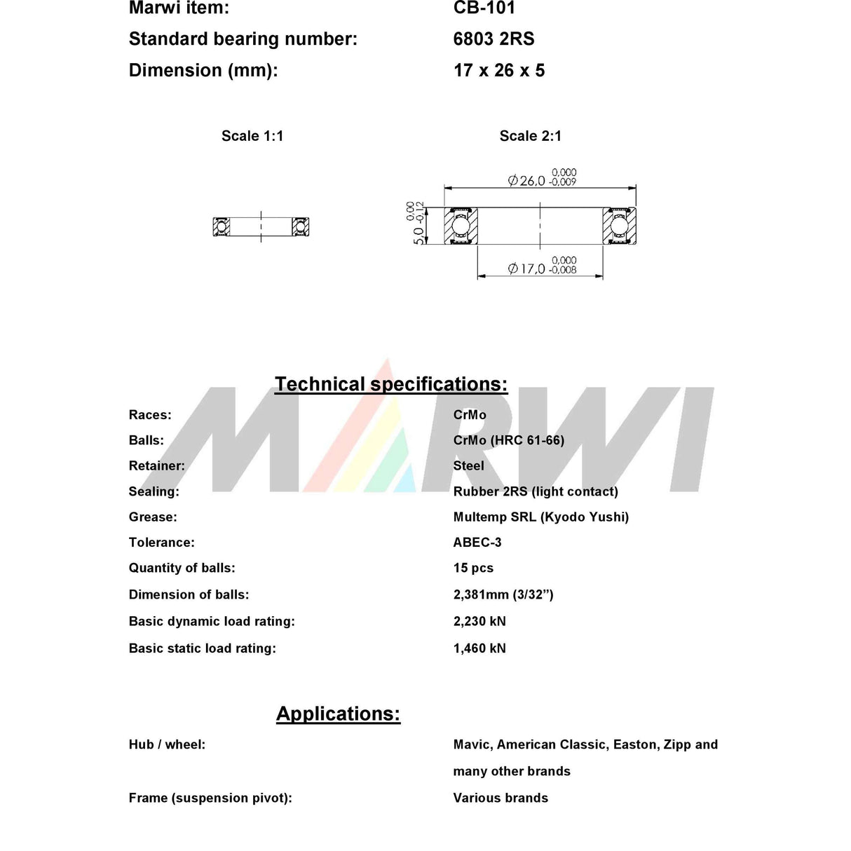 Marwi Union Kogellager CB-101 6803 2RS 17x26x5