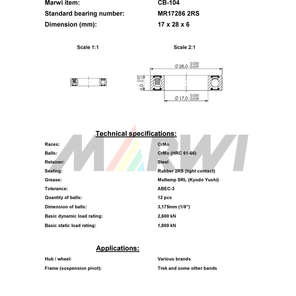 Marwi Union Ball Lafing CB-104 MR17286 2RS 17x28x6