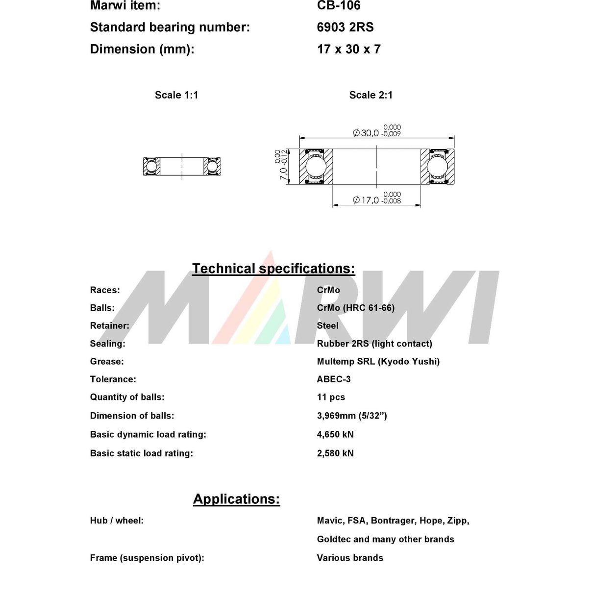 Marwi Union Kogellager CB-106 6903 2RS 17x30X7