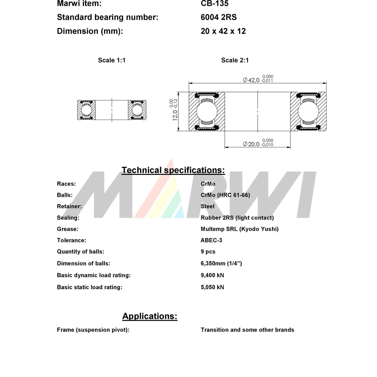 Ball liathróid Marwi Bearing Ball Bearing Union Union CB-135 20x42x12
