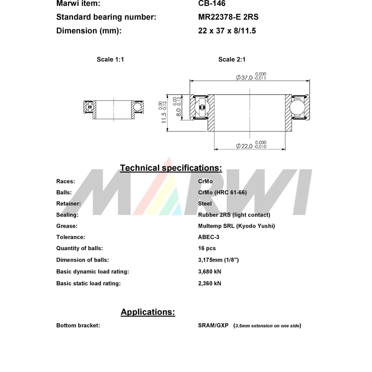 Marwi Union Kogella portant CB-146 LLB MR22378-E 22X37X8 11½ ext