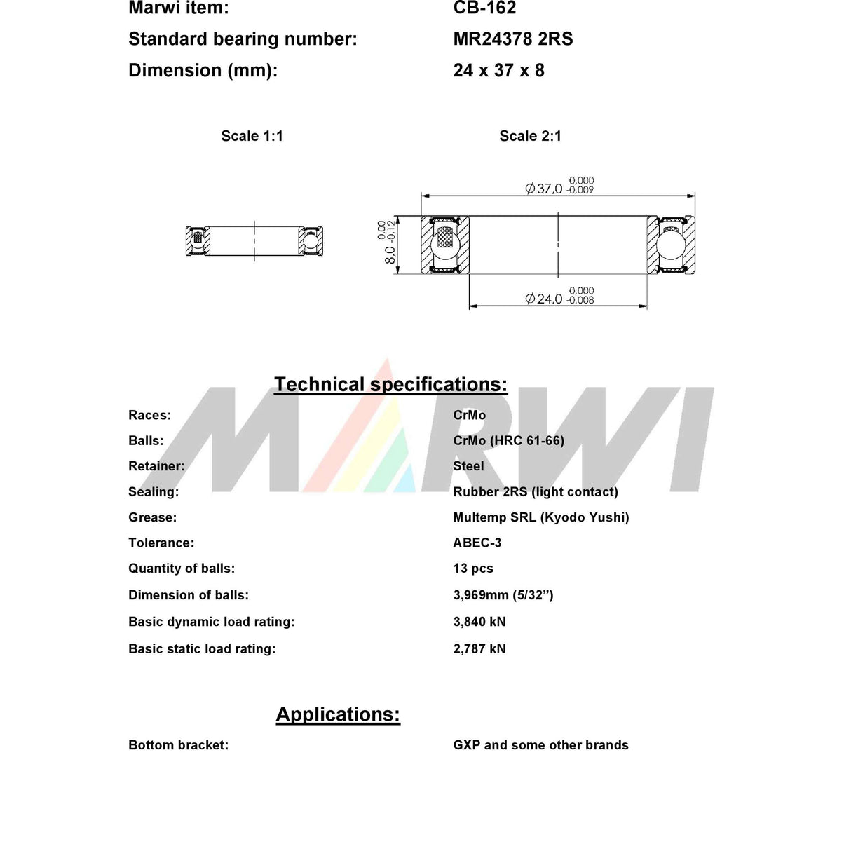 Marwi Union Kogellager CB-162 2RS MR24378 24x37x8