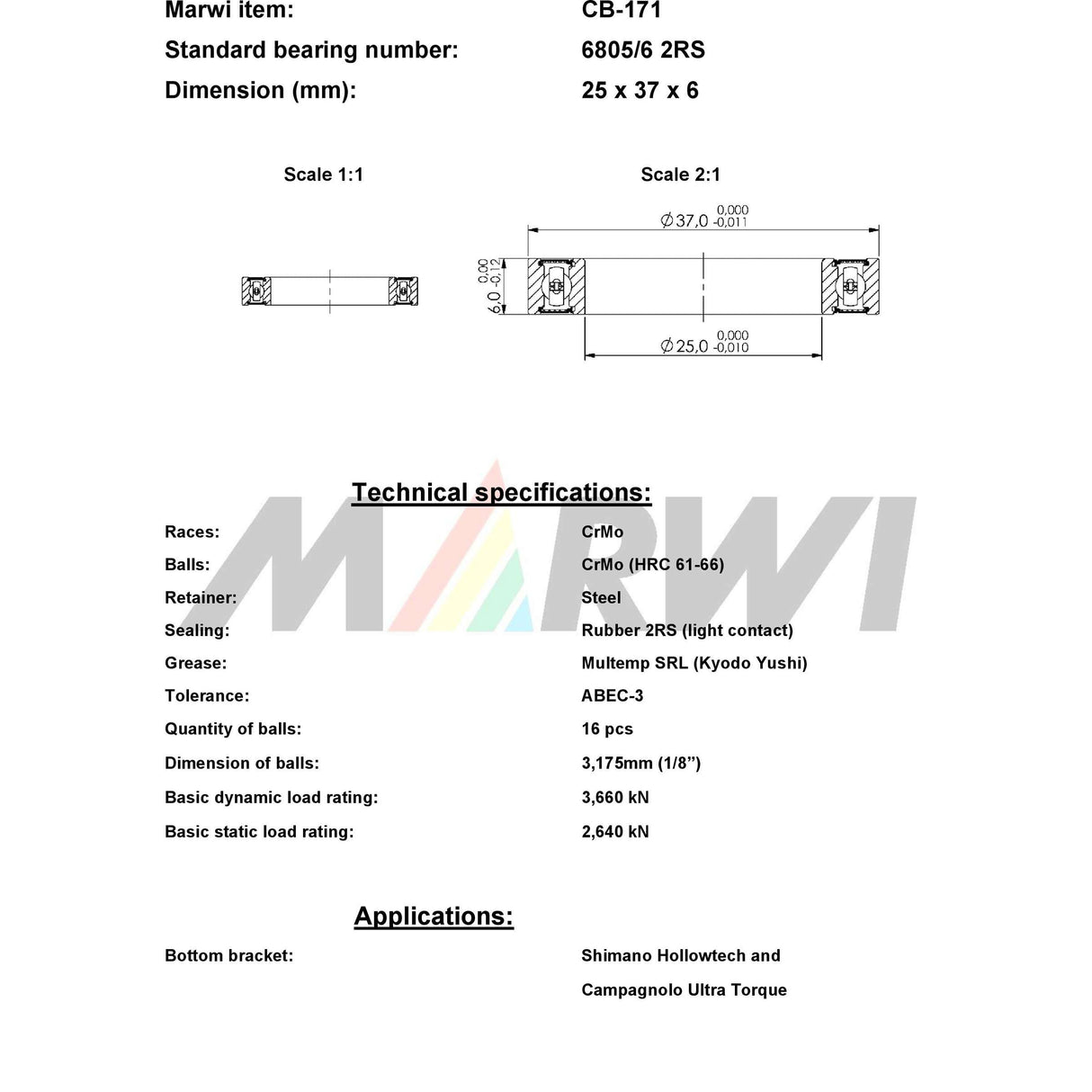 Marwi Union Kogellager CB-171 6805 6 2RS 25X37X6