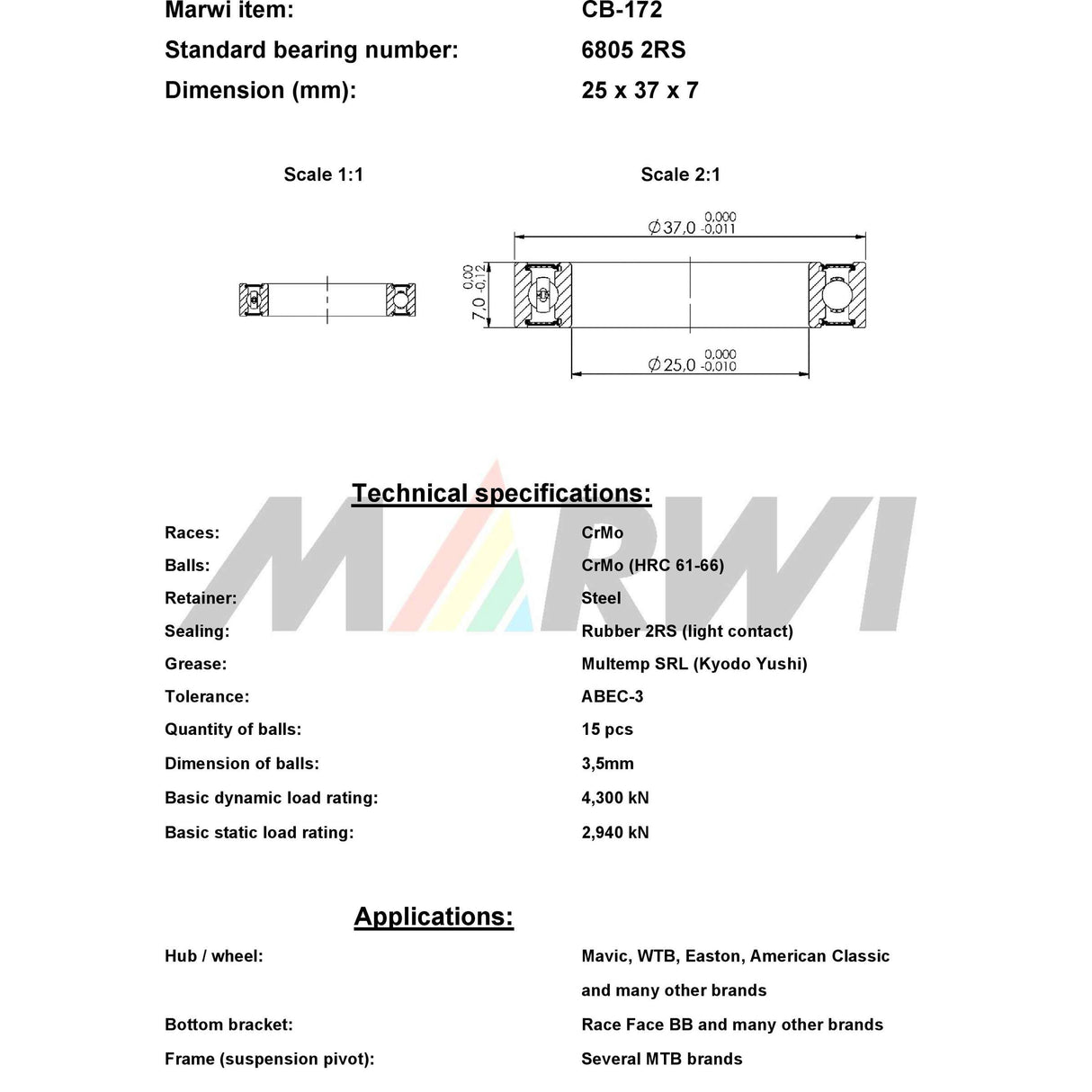Marwi Union Kogellager CB-172 6805 2RS 25x37x7