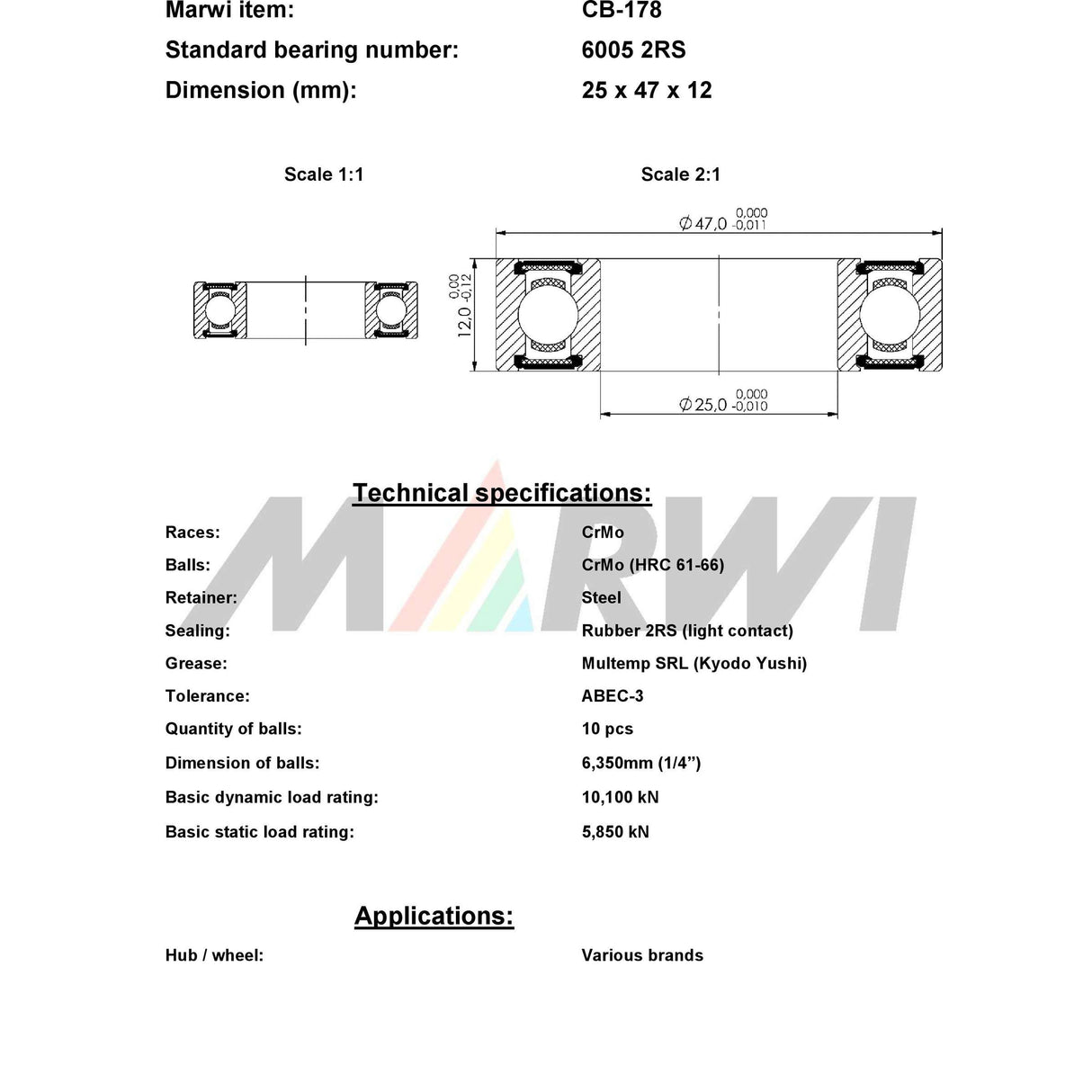 Ball liathróid Marwi Bearing Ball Bearing Union Union CB-178 25x47x12