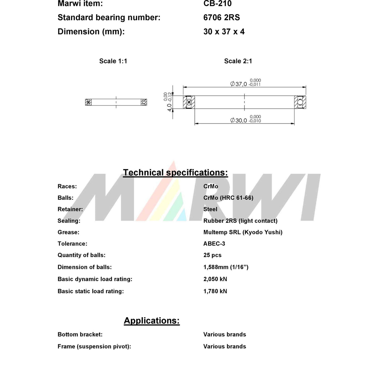 Ball liathróid Marwi Union Bearing Bearing Union Union CB-210 30x37x4
