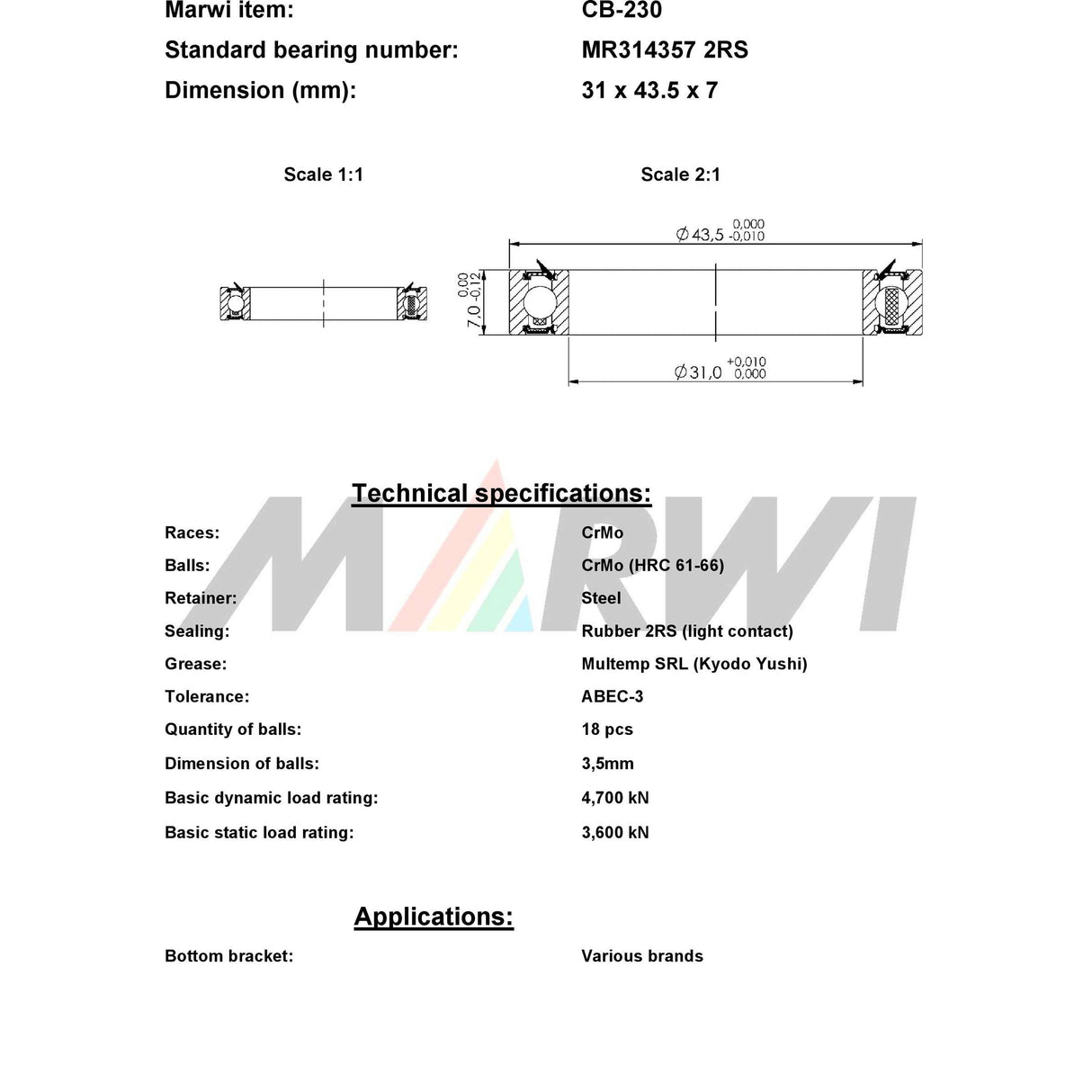 Union ball bearing ball bearing CB-230 31x43.5x7