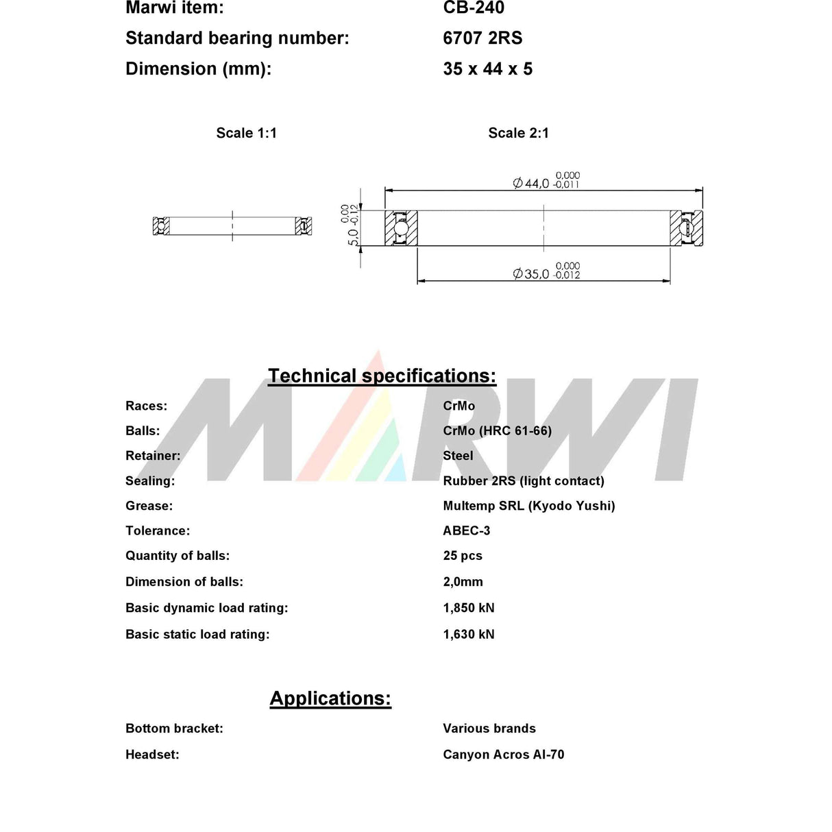 Marwi Union Kogellager CB-240 6707 2RS 35x44x5
