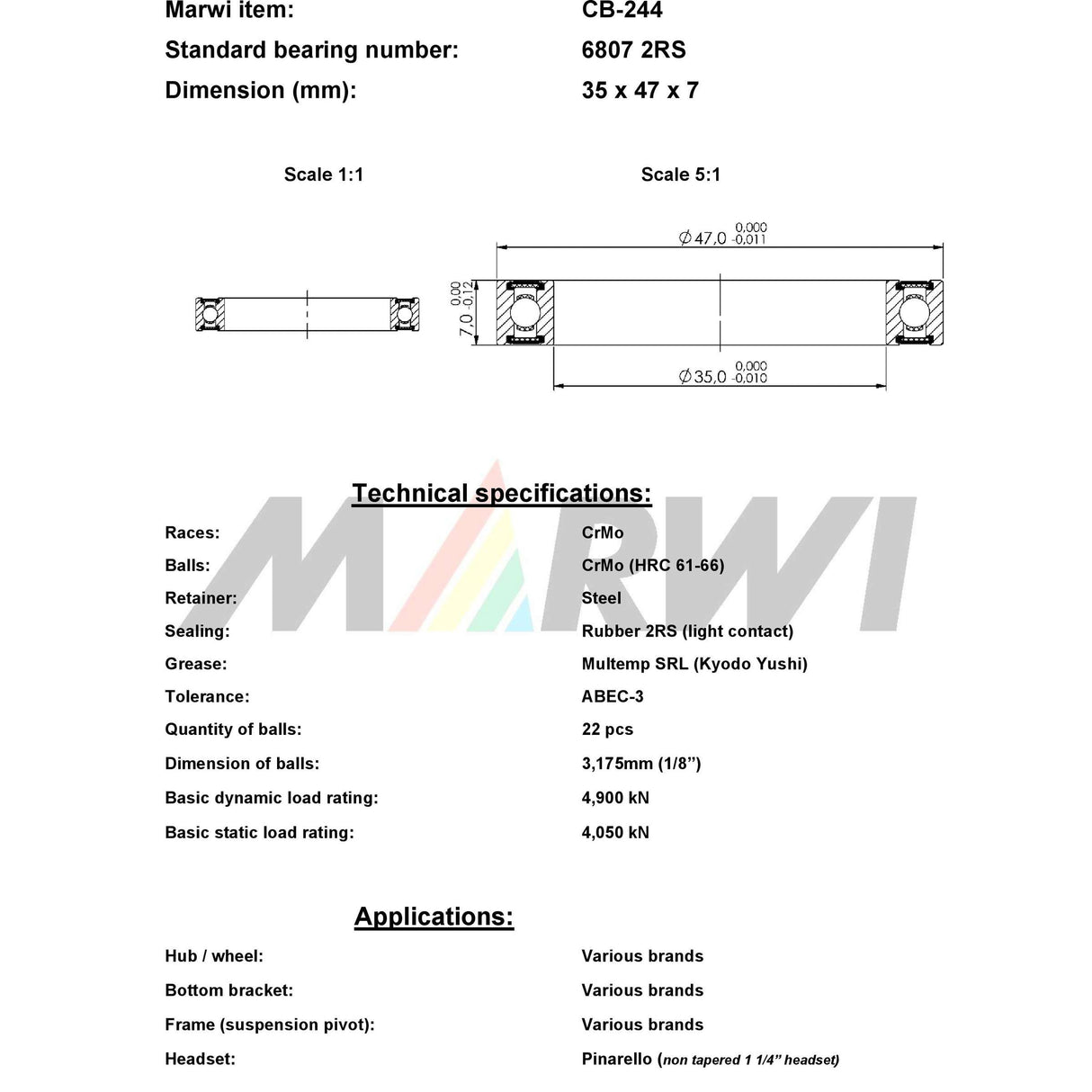 Marwi Union Kogellager CB-244 6807 2RS 35x47x7