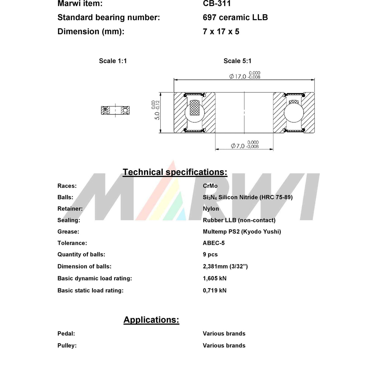 Marwi union kogellager cb-311 697 llb 7x17x5 keramisch