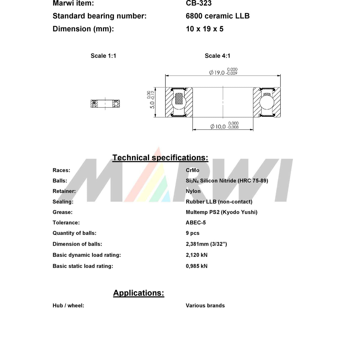 Union Kogelllager CB-323 6800 LLB 10x19x5 Keramika
