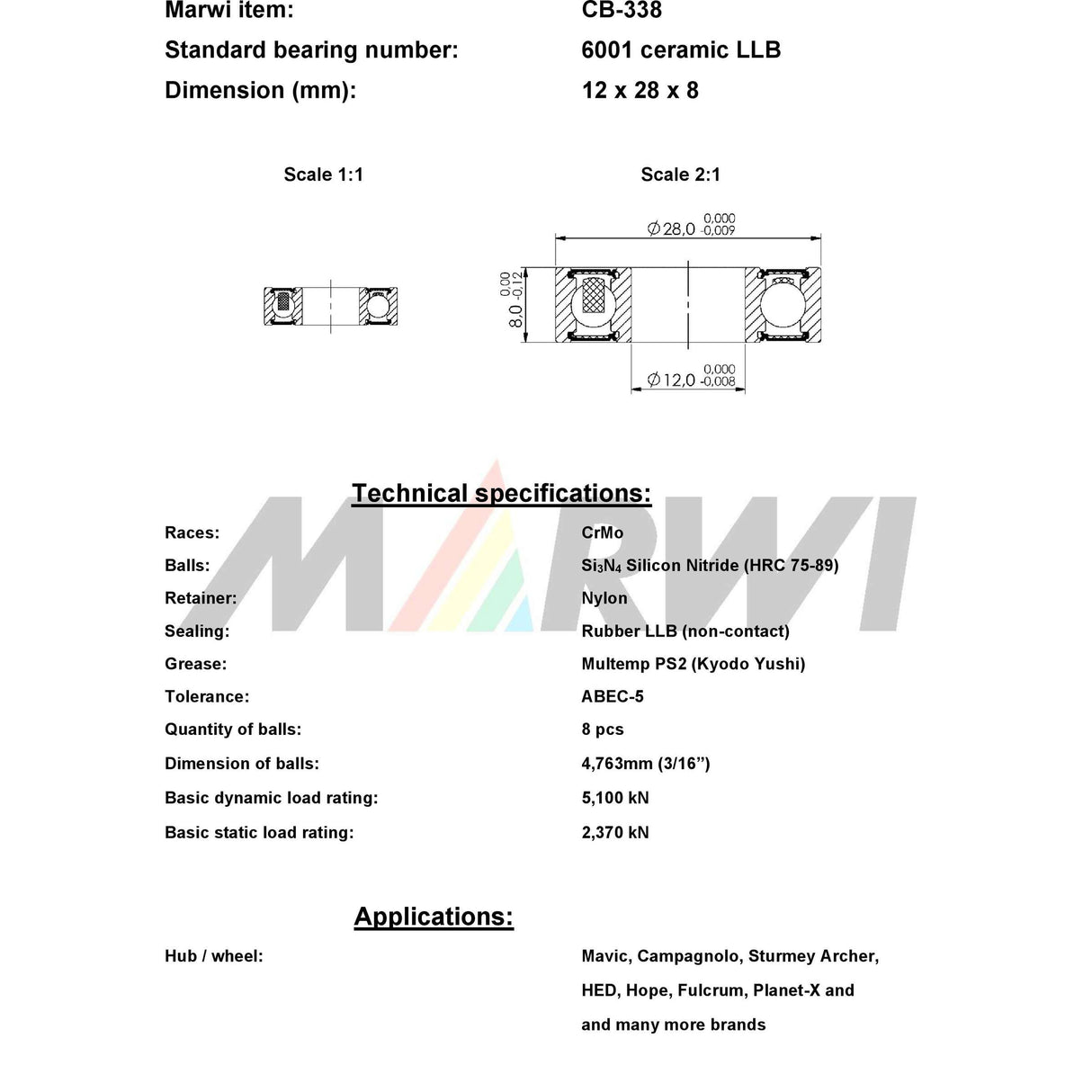 Union Kogellager CB-338 6001 LLB 12x28x8 kerámia