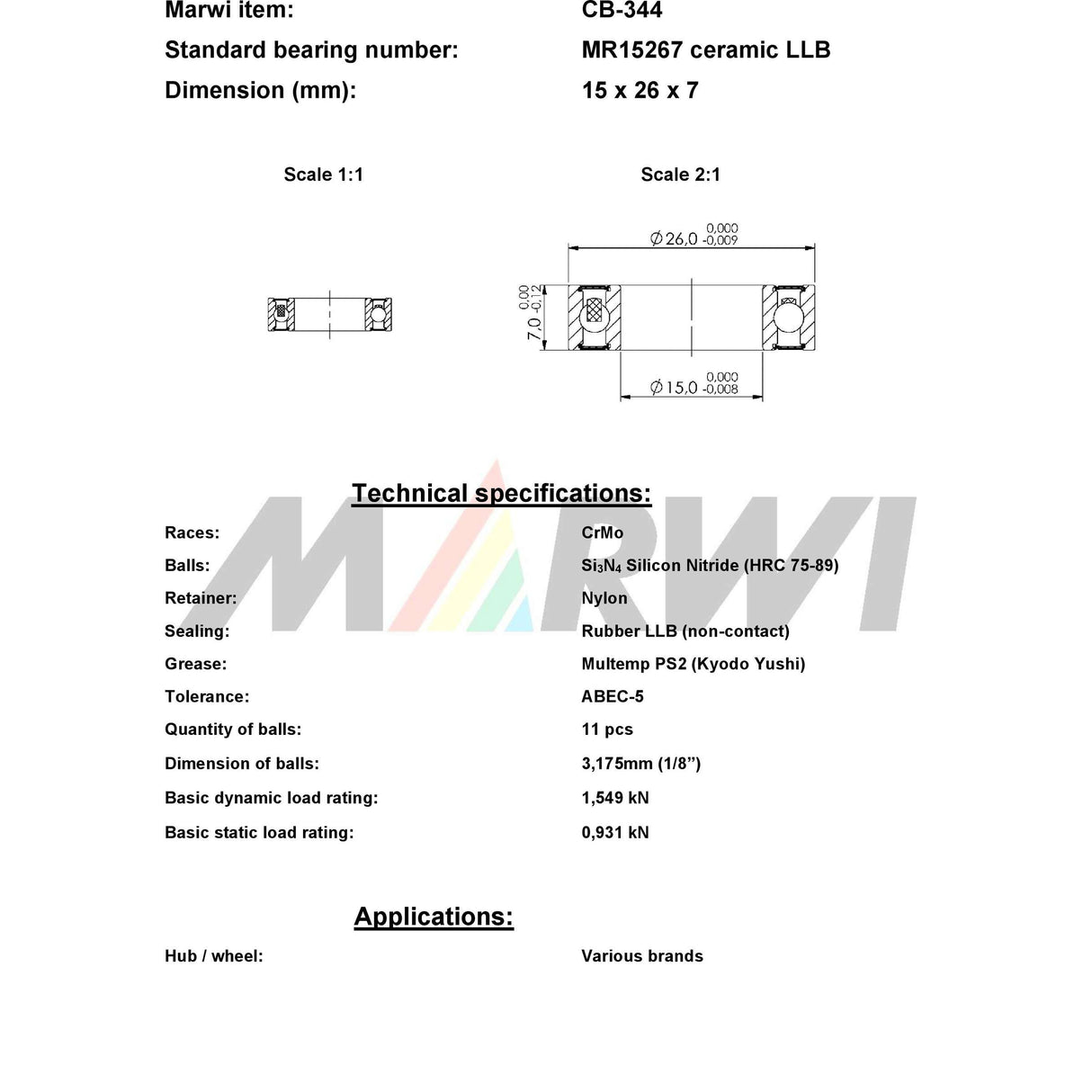Union Kogellager CB-344 LBB MR15267 15x26x7 Ceramic
