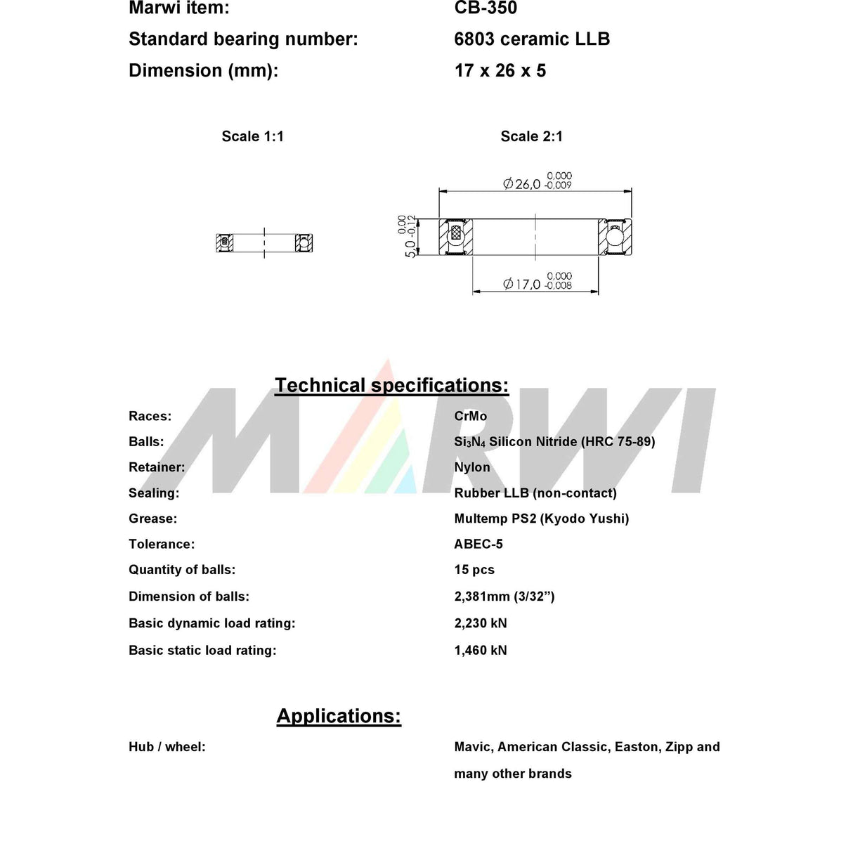 Union Kogellager CB-350 6803 LLB 17x26x5 ceramic