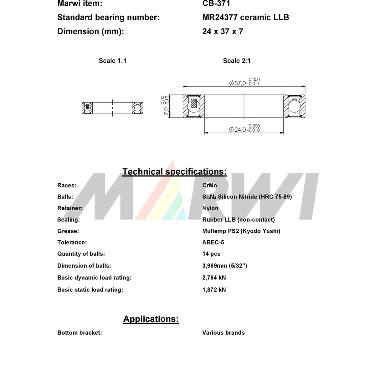Union Kogellager CB-371 LBB MR24377 24x37x7 keramik