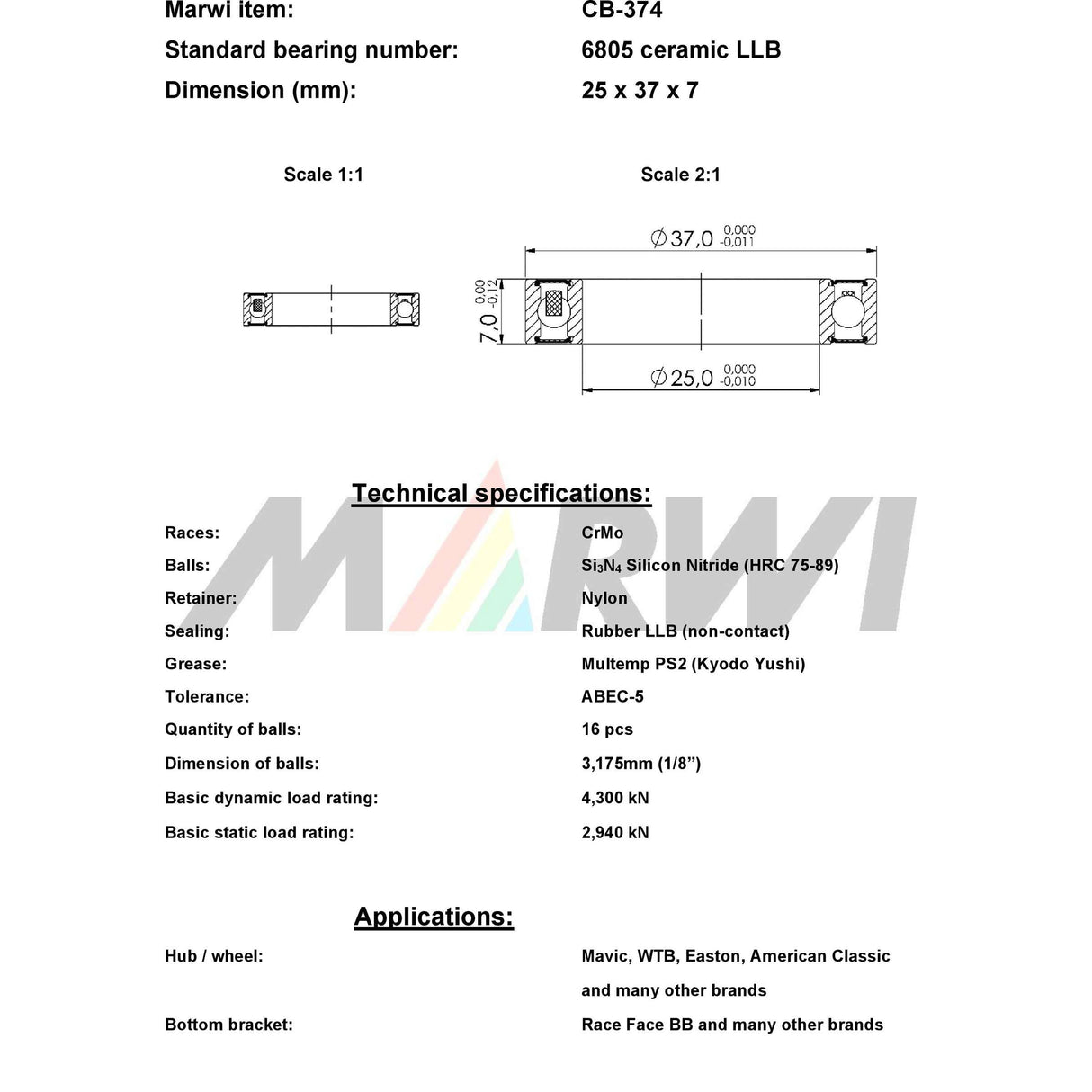 Union Kogellager CB-374 6805 LLB 25x37X7 Ceramic