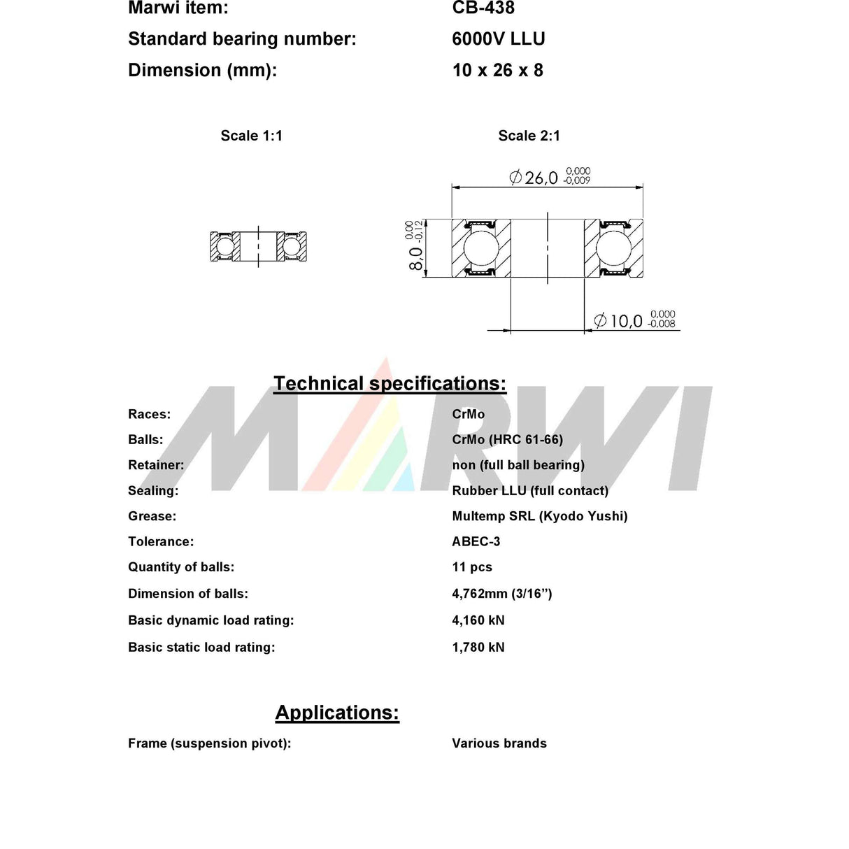 Marwi union kogellager ball bearing union cb-438 10x26x8