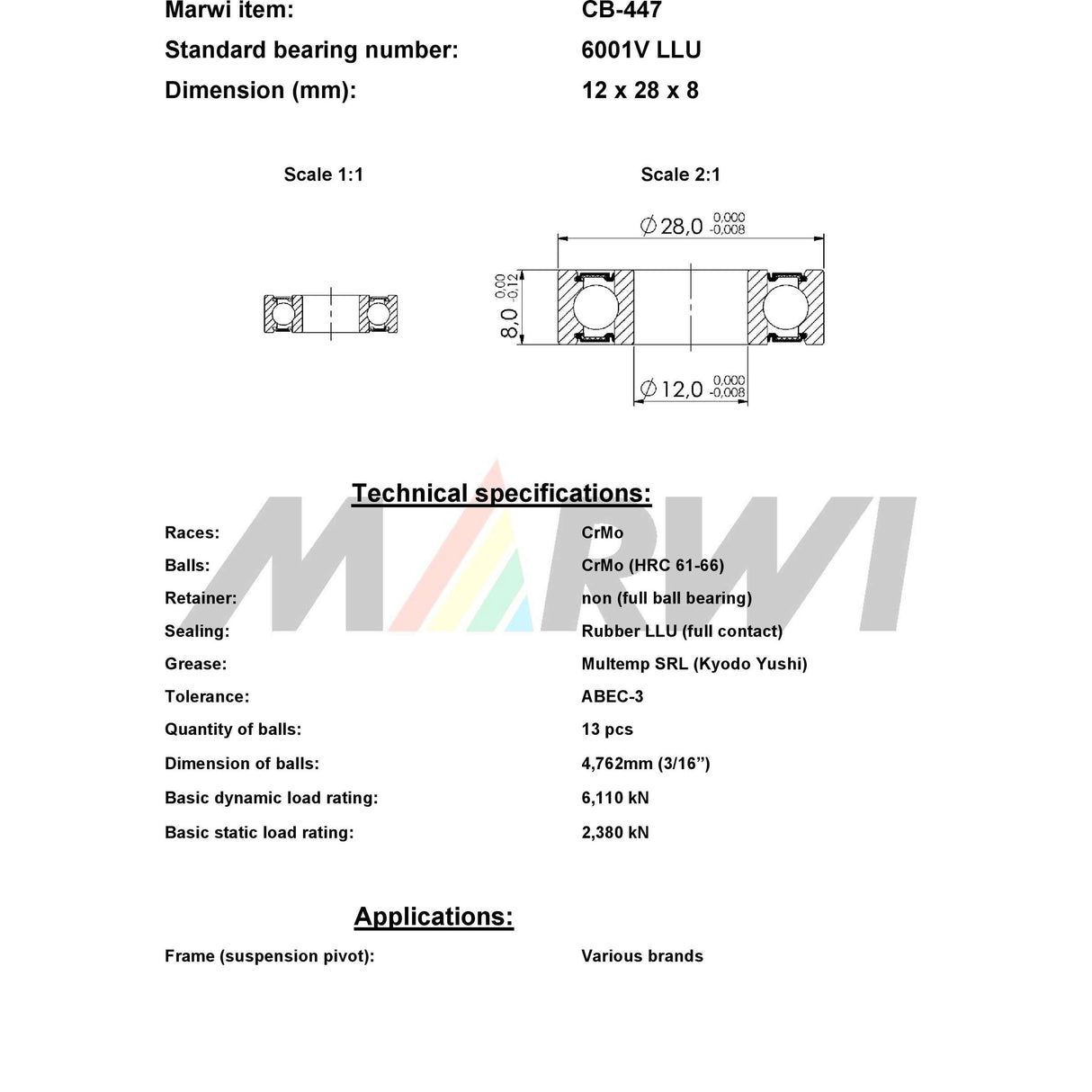 Union Kogellager Max CB-447 6001V LLU 12x28x8
