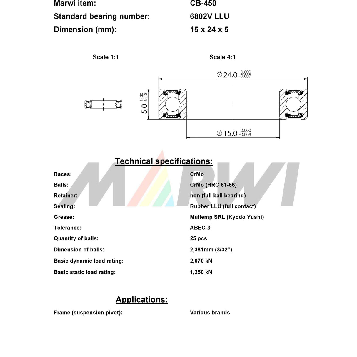 Marwi Union Kogellager Max CB-450 6802V LLU 15x24x5
