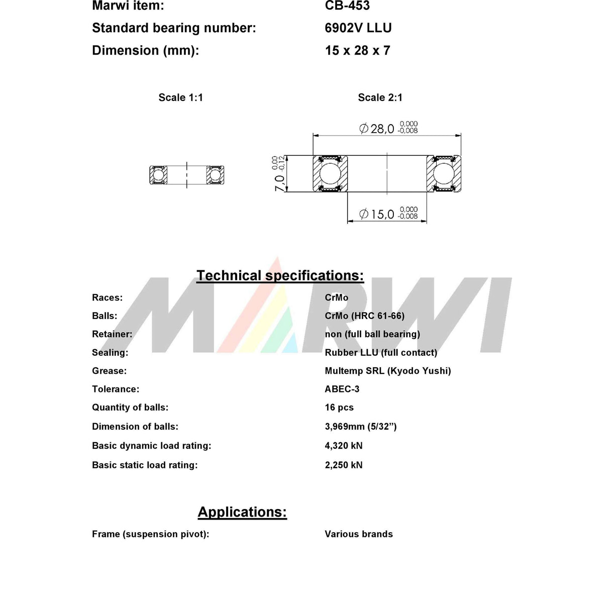 Marwi jungtis rutulinių guolių jungtis CB-453 15x28x7