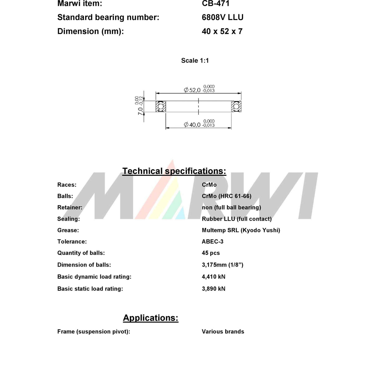 Union Kogellager Max CB-471 6808V LLU 40X52X7