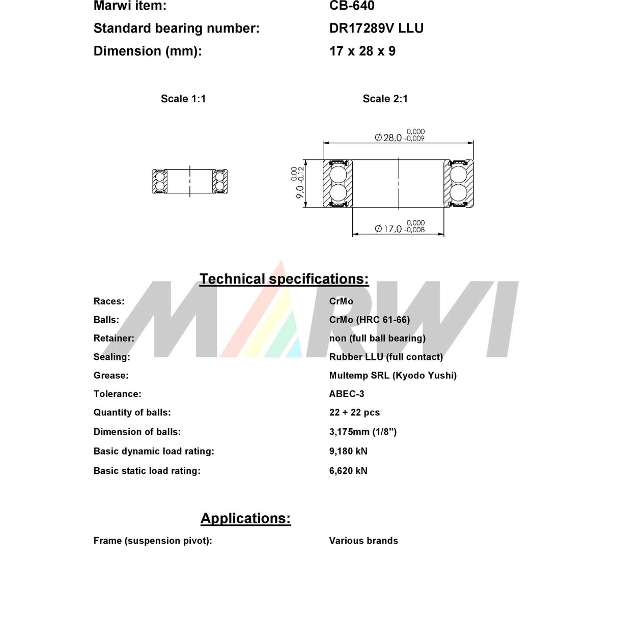Jungtinis rutulinis guolis rutulinis guolis CB-640 17x28x9