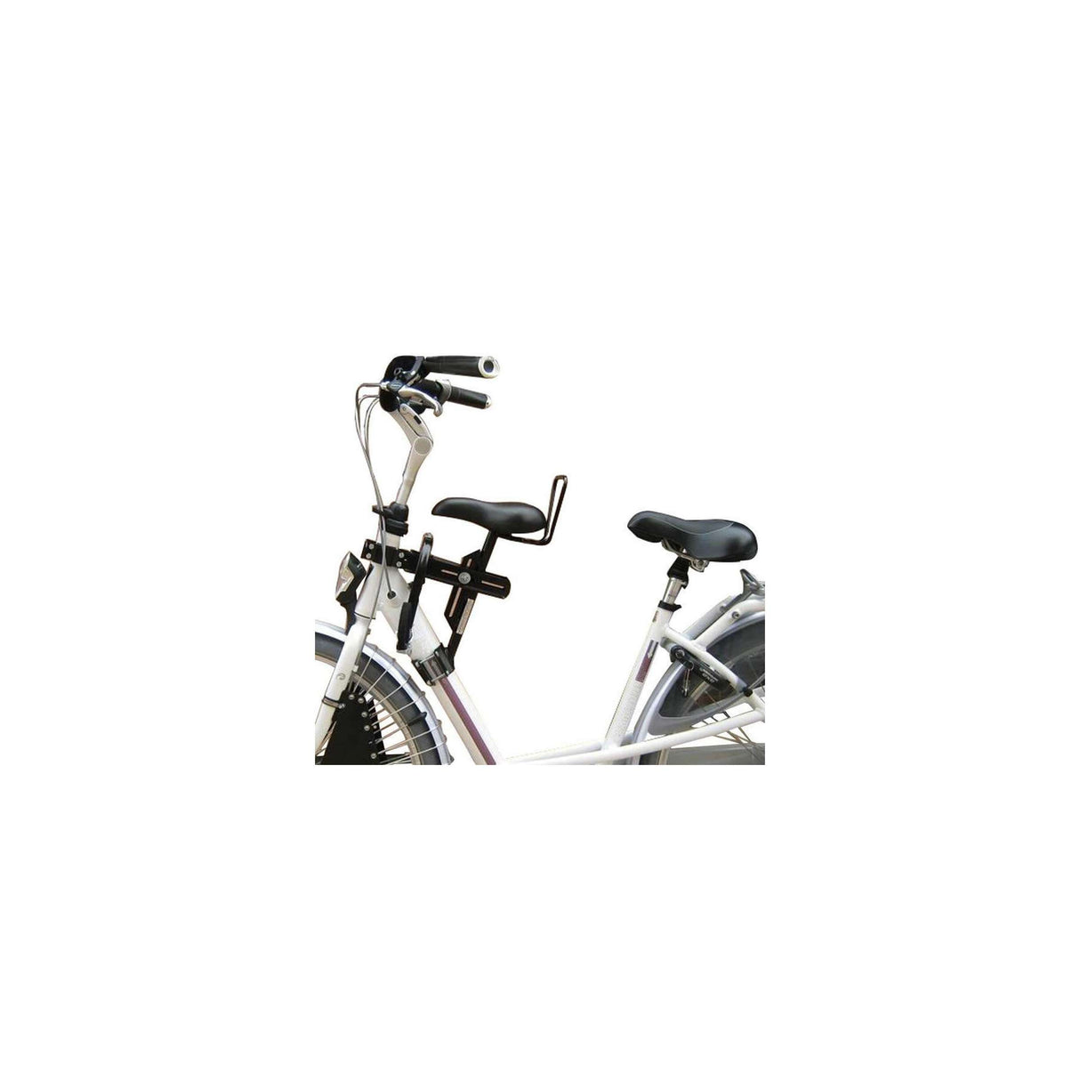 Saddle child seat on tube women's bicycle