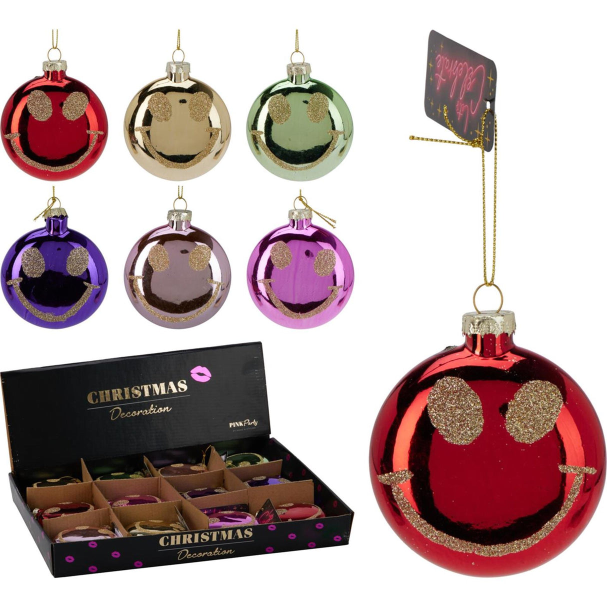 Kerstbal smiley 8,8cm display a 12st