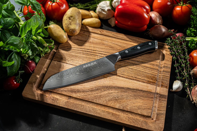 ARBAER Chef's Knife 18 cm giapponese Santoku Lemmet Damasco Steel G10 Hands