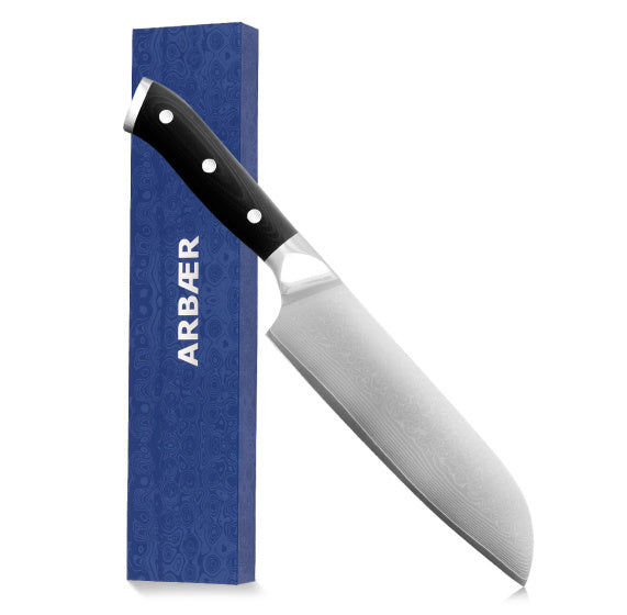 ARBAER Chef's Knife 18 cm giapponese Santoku Lemmet Damasco Steel G10 Hands