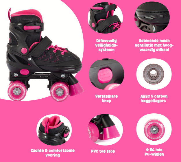 Aventuri verstelbare rolschaatsen semi-softboot zwart roze maat 27-30 (xs)