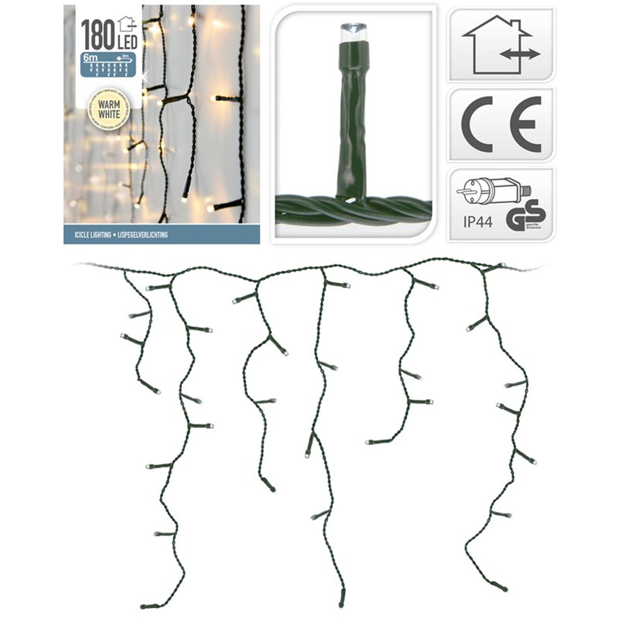 No brand Christmas icicle lighting 180 LED warm white outdoor, 5mm light green wire 600x52cm IP44