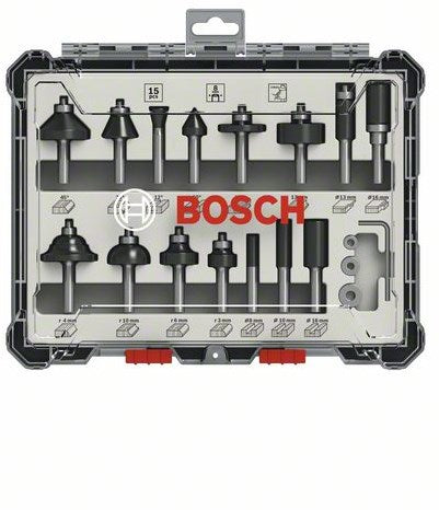 Аксесоари Bosch Смесен комплект фрези от 15 части - диаметър на стеблото 8 мм - 2607017472