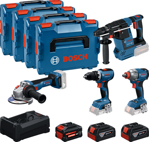 Kit de ferramentas de bateria azul Bosch 4-kit de ferramentas 18v | gsr 18v-65 + gdx 18v-285 + gbh 18v-26 + gws 18v-11 | + 2x gba 18v 5.0ah + 1x exba 18v 5.5ah + carregador - 0615a500bj