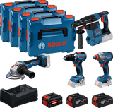 Kit de ferramentas de bateria azul Bosch 4-kit de ferramentas 18v | gsr 18v-65 + gdx 18v-285 + gbh 18v-26 + gws 18v-11 | + 2x gba 18v 5.0ah + 1x exba 18v 5.5ah + carregador - 0615a500bj