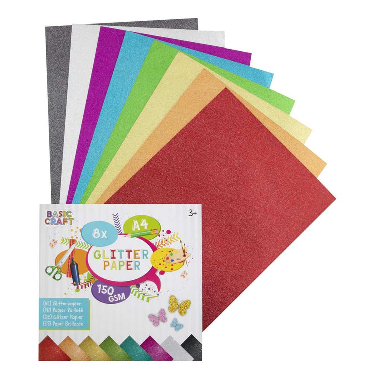Basic craft a4 glitterpaperi 150 grammaa 8 kpl