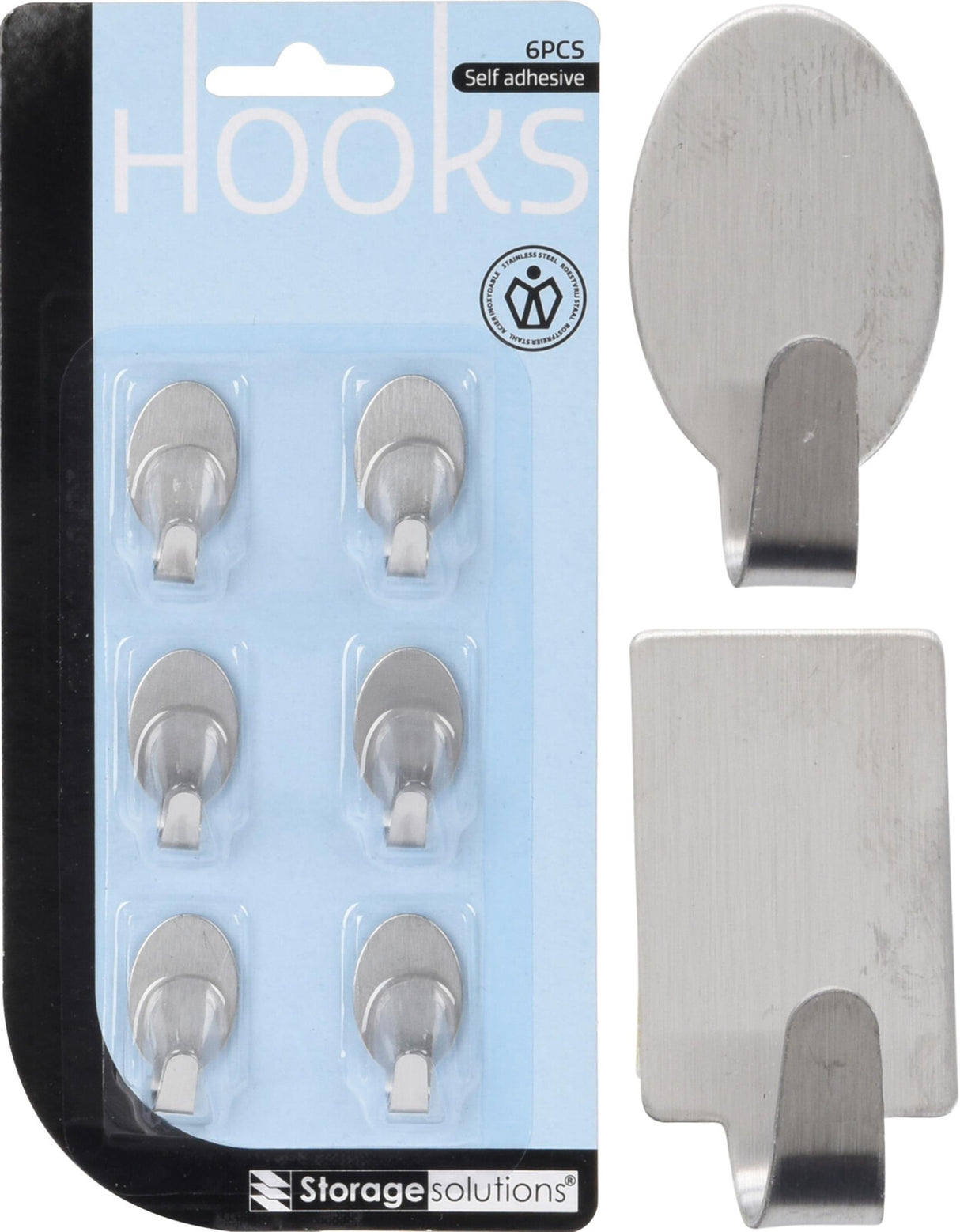 Storage solutions adhesive hooks stainless steel 6 pieces on card