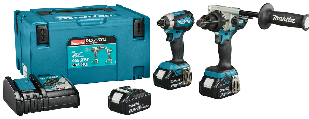Makita dlx2550tj 18v combiset dhp492 (klop)boor- schroefmachine + dtd153 slagschroevendraaier (3x 5.0ah accu en lader) in mbox - dlx2550tj
