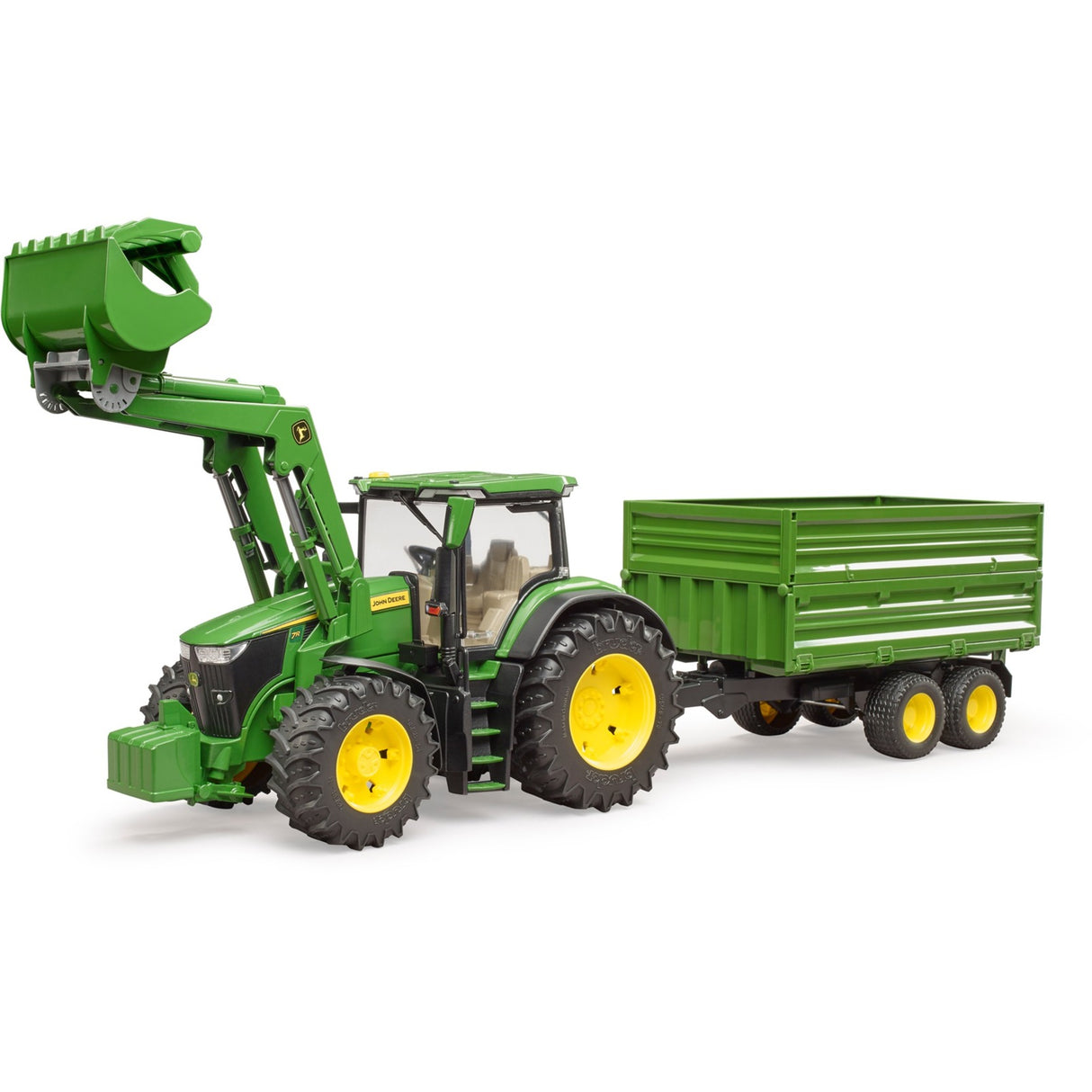 Trattore Bruder John Deere 7R 350 con rimorchio