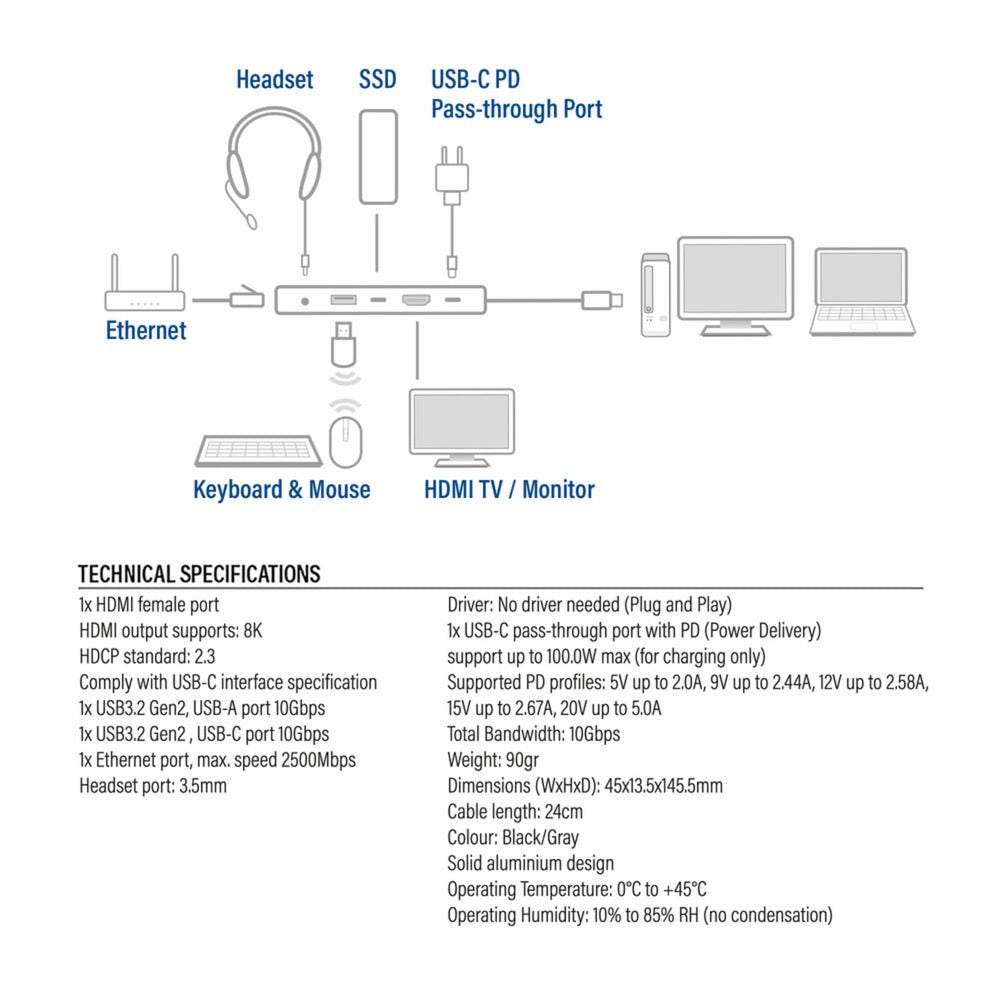 Act connectivity USB-C 4K 8K 60Hz docking station (grey)