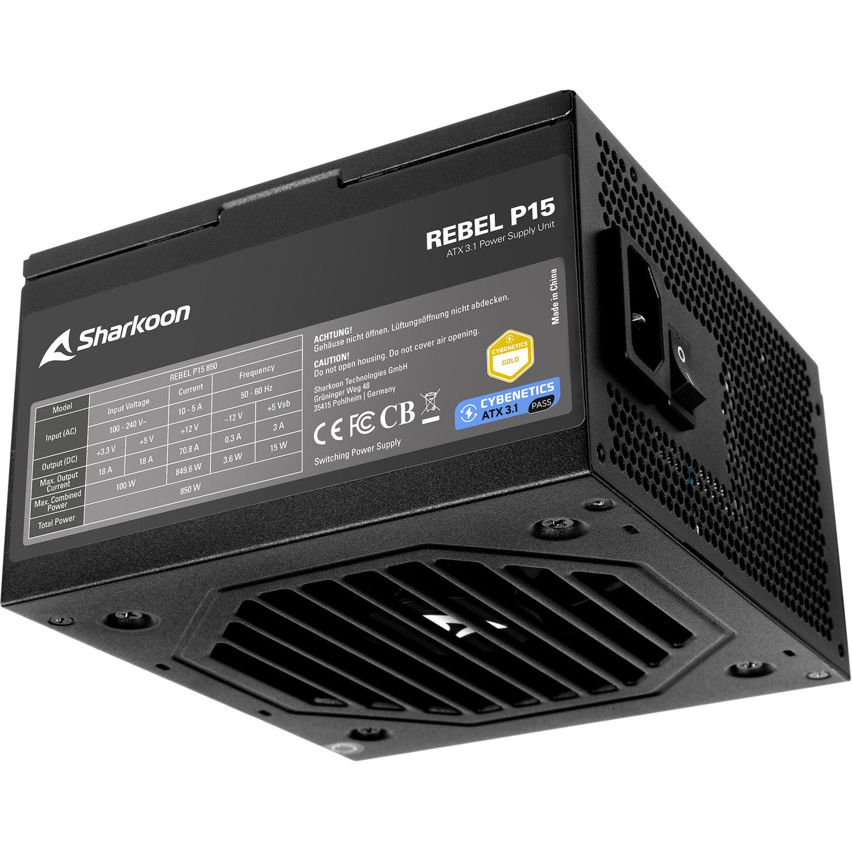 Fonte de alimentação Sharkoon rebel p15 de 850 watts (preta, 1x 12v-2x6, 4x pcie)