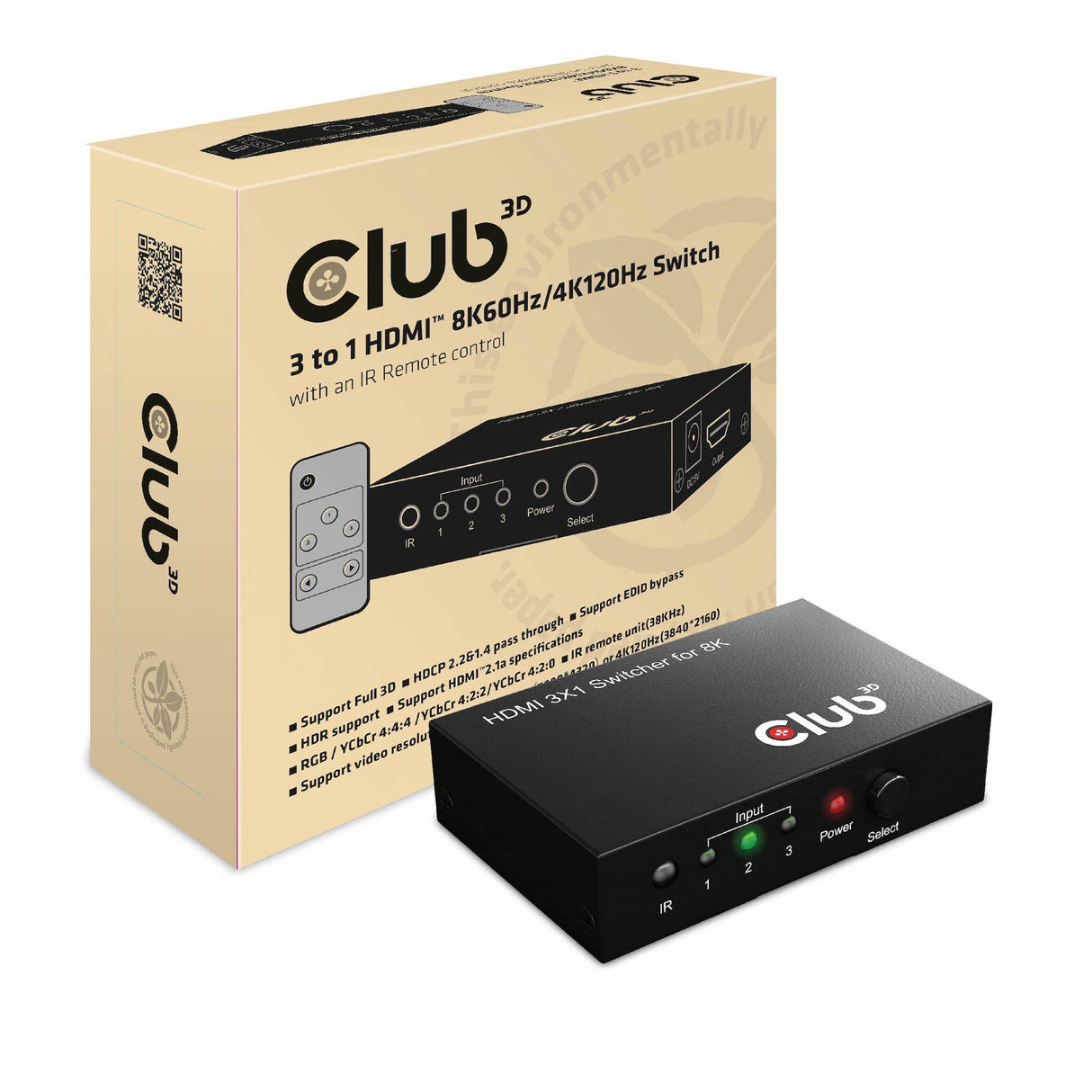 Club 3D 3-in-1 HDMI Switch 8K 60Hz 4K 120Hz (black)