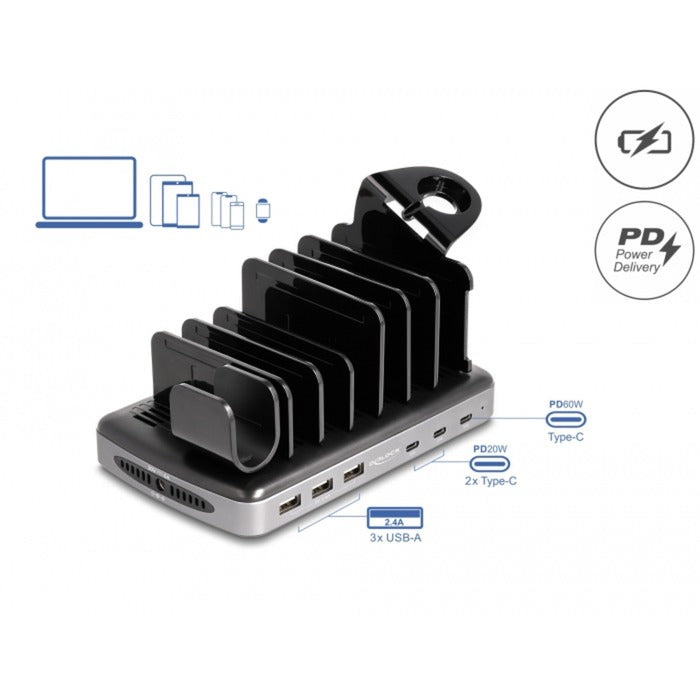 Delock USB Charging Station with 3 x USB Type-C PD + 3 x USB Type-A (112 W) (Grey Black)