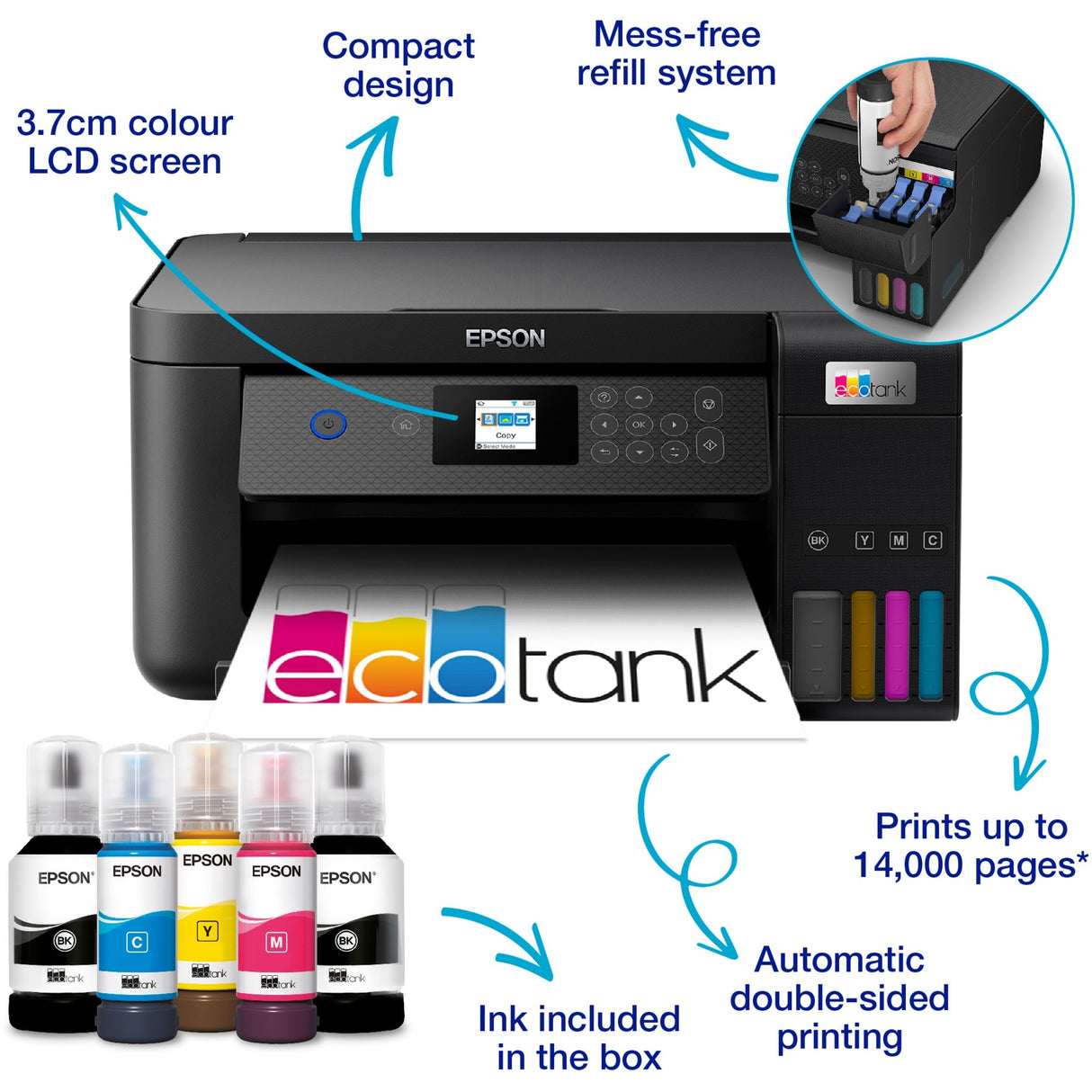 Epson EcoTank ET-2850 A4 Multifunction Wi-Fi Printer with Ink Tank All-in-One Inkjet Printer (Black, Scan, Copy, Wi-Fi, Up to 3 Years Ink Included)