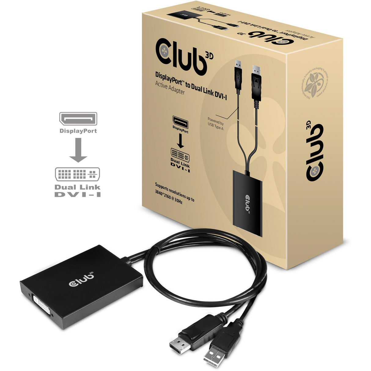 Club 3D DisplayPort to Dual Link DVI-I Active Adapter (Black, DisplayPort to Dual Link DVI-I Active Adapter)