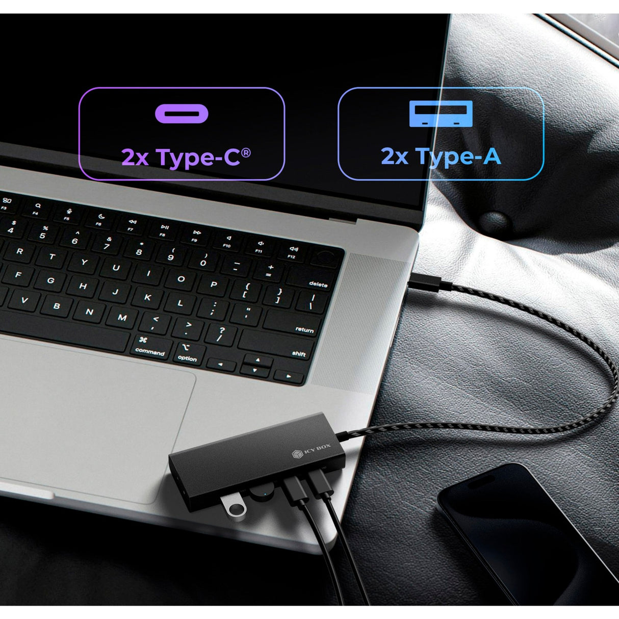 Icy box ib-hub1436-cpd usb hub (black, 2x usb-a, 2x usb-c)